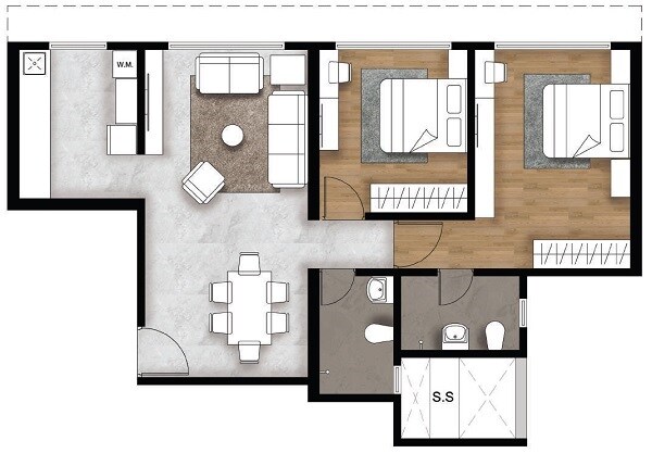 Floor plan of 2 BHK 600 Sq. Ft. Apartment in Universal Garden I, Mumbai