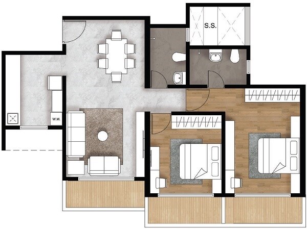 Floor plan of 2 BHK 726 Sq. Ft. Apartment in Universal Garden I, Mumbai
