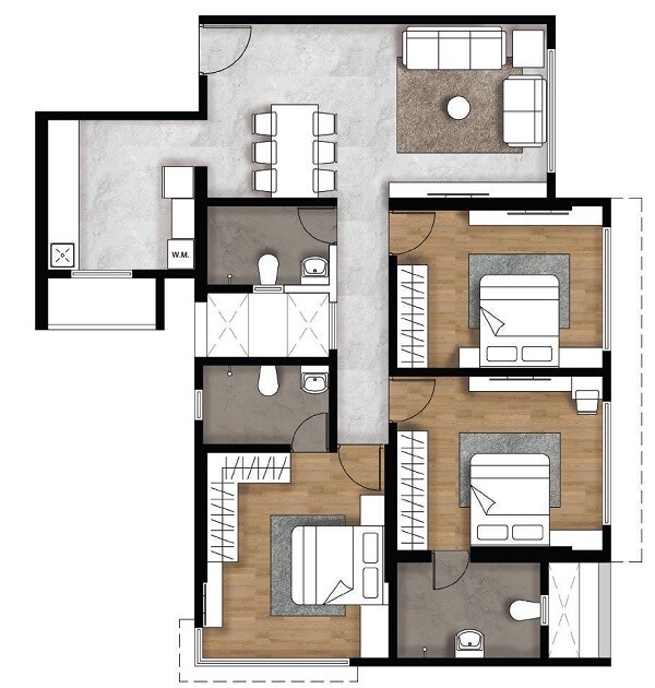 Floor plan of 3 BHK 1015 Sq. Ft. Apartment in Universal Garden I, Mumbai