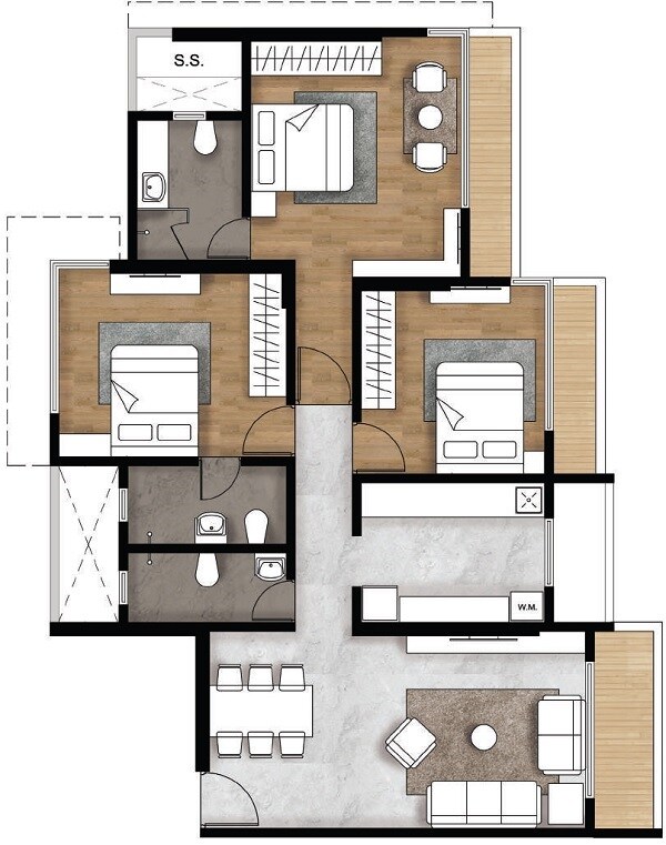 Floor plan of 3 BHK 1023 Sq. Ft. Apartment in Universal Garden I, Mumbai