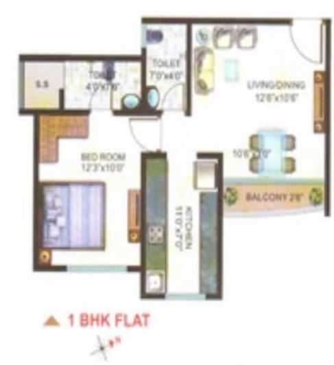Floor plan of 1 BHK 750 Sq. Ft. Apartment in Universal Garden Ii, Mumbai