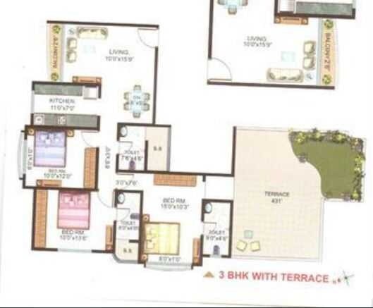 Floor plan of 3 BHK 1530 Sq. Ft. Apartment in Universal Garden Ii, Mumbai