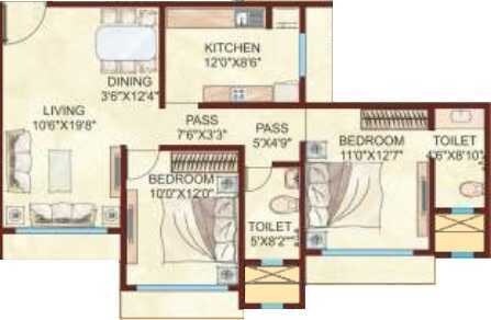 Floor plan of 2 BHK 1280 Sq. Ft. Apartment in Unnat Nagar 43-44, Mumbai