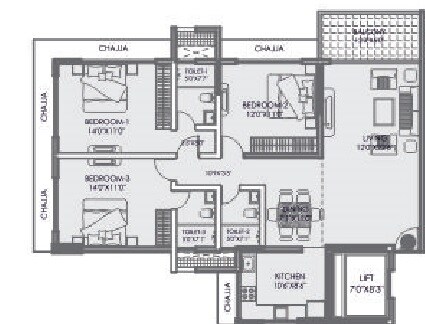 Floor plan of 3 BHK 1191 Sq. Ft. Apartment in Upper East 97, Mumbai