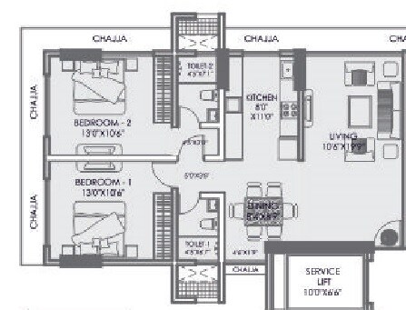 Floor plan of 2 BHK 771 Sq. Ft. Apartment in Upper East 97, Mumbai