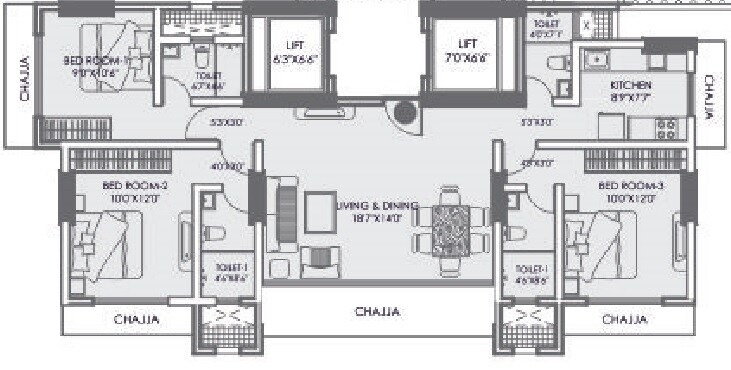 Floor plan of 3 BHK 837 Sq. Ft. Apartment in Upper East 97, Mumbai