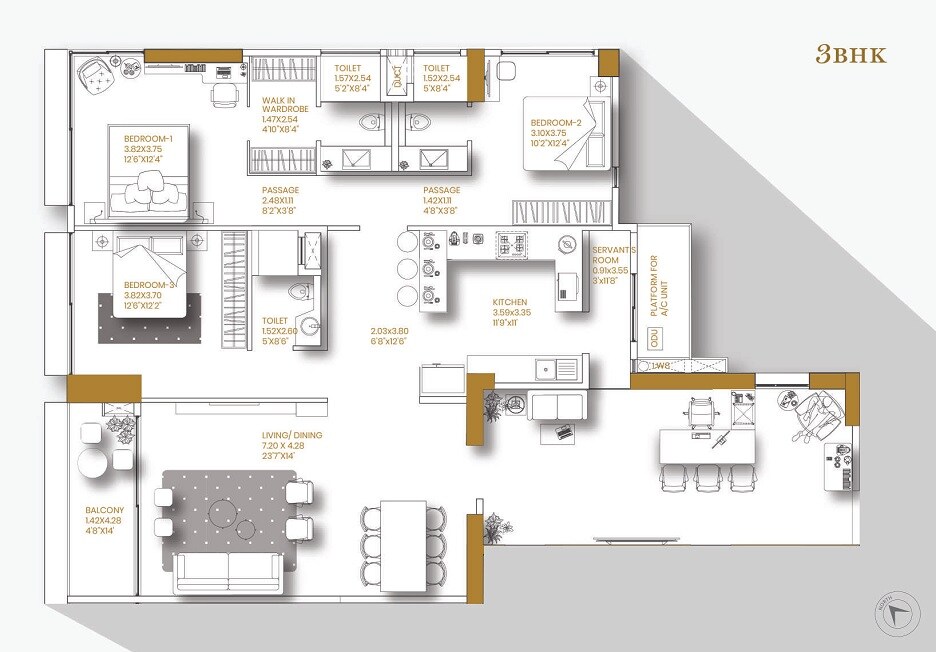 Floor plan of 3 BHK 1688 Sq. Ft. Apartment in Urbania 140 Shivaji Park, Mumbai