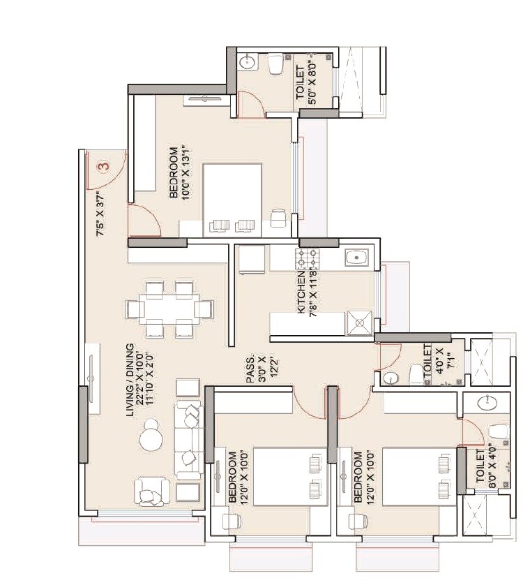 3 BHK 1007 Sq. Ft. Apartment