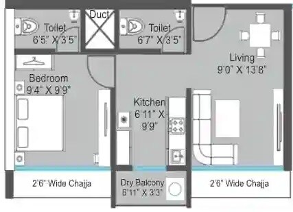 Floor plan of 1 BHK 378 Sq. Ft. Apartment in UVK Sai Akshi, Mumbai