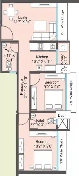 Floor plan of 2 BHK 529 Sq. Ft. Apartment in UVK Sai Akshi, Mumbai