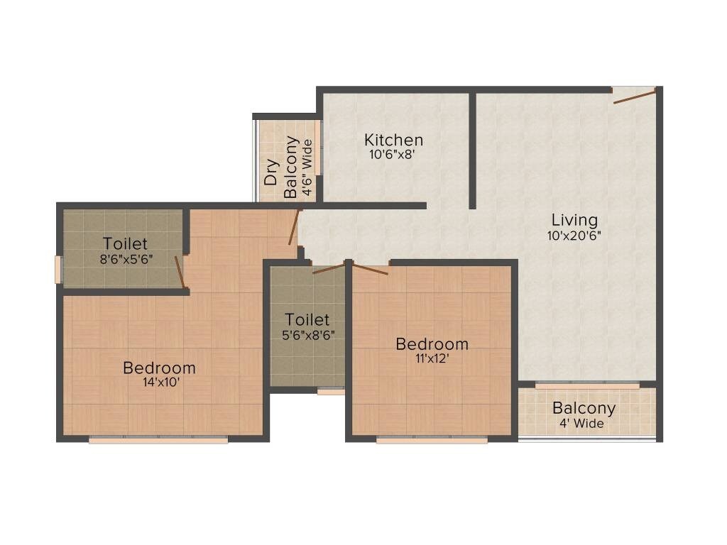 Floor plan of 2 BHK 870 Sq. Ft. Apartment in V Raheja Varuna, Mumbai
