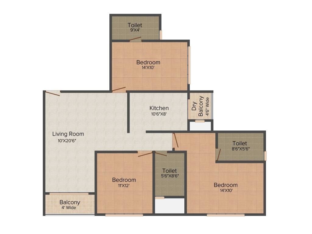 Floor plan of 3 BHK 1090 Sq. Ft. Apartment in V Raheja Varuna, Mumbai