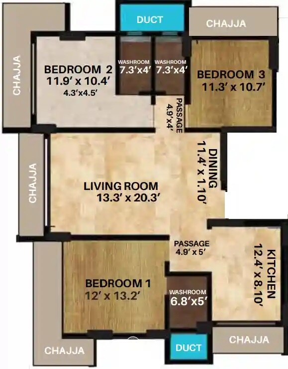 Floor plan of 3 BHK 992 Sq. Ft. Apartment in V Residences, Mumbai