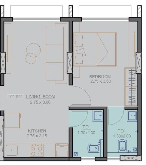Floor plan of 1 BHK 352 Sq. Ft. Apartment in V3 Bhagwan Residency, Mumbai