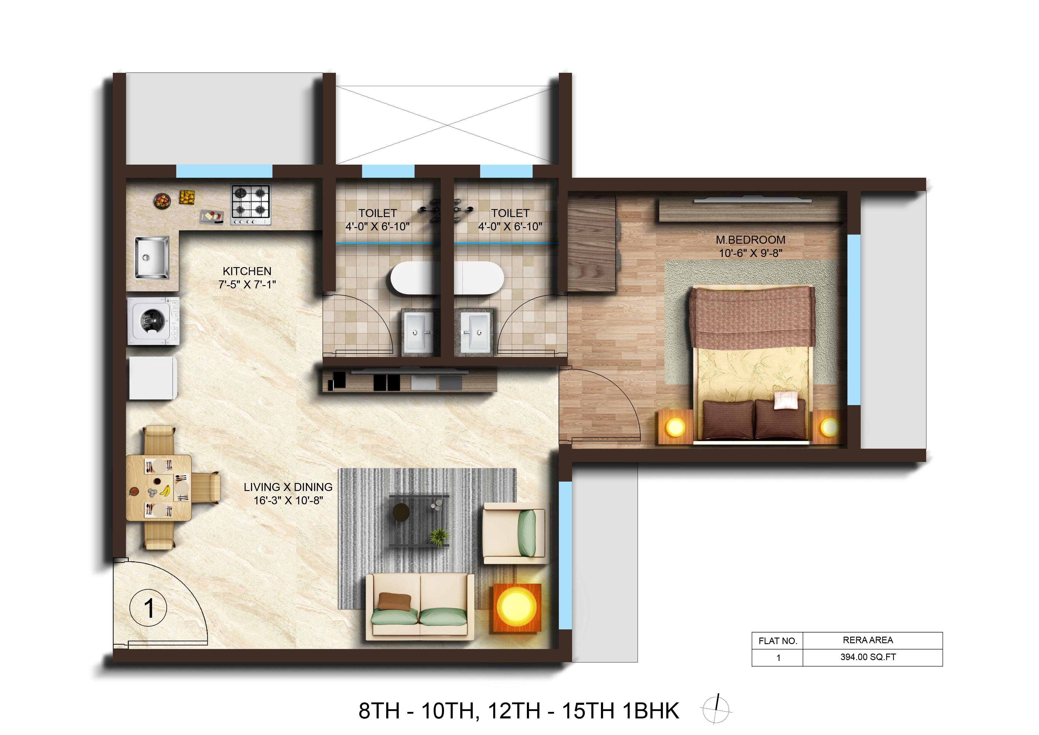 Floor plan of 1 BHK 394 Sq. Ft. Apartment in V3 Shiv Parbat, Mumbai