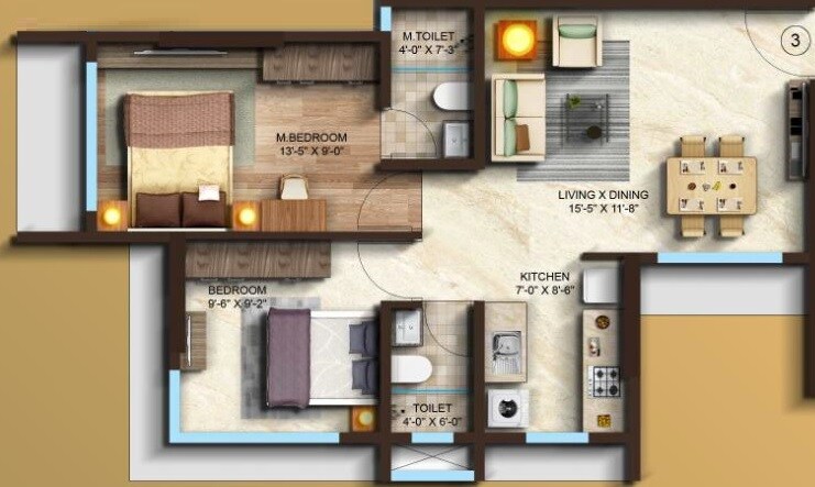 Floor plan of 2 BHK 503 Sq. Ft. Apartment in V3 Shiv Parbat, Mumbai