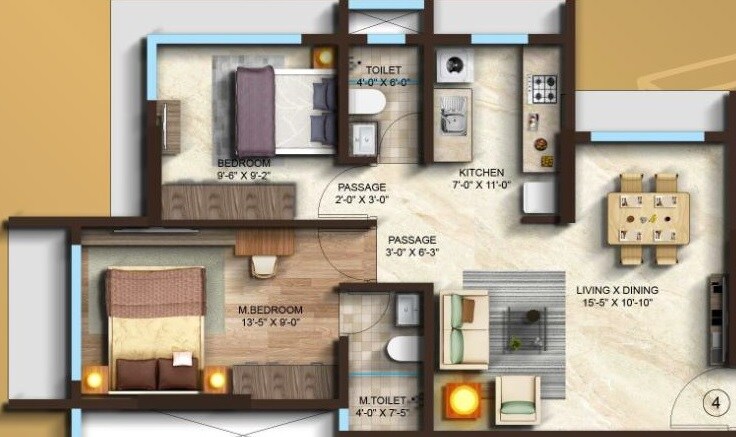 Floor plan of 2 BHK 580 Sq. Ft. Apartment in V3 Shiv Parbat, Mumbai