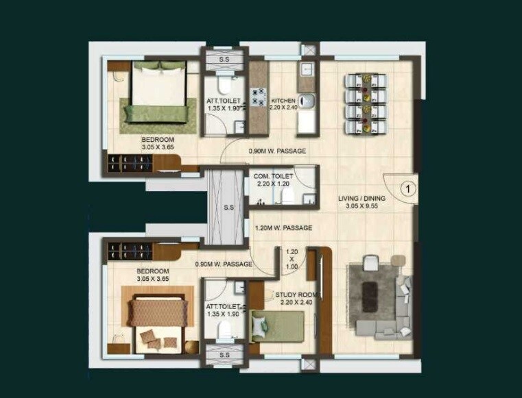 Floor plan of 2 BHK 720 Sq. Ft. Apartment in Vadgama Kings Tower, Mumbai