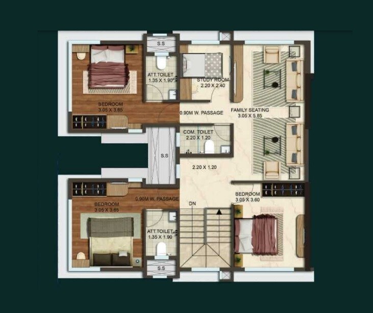Floor plan of 3 BHK 888 Sq. Ft. Apartment in Vadgama Kings Tower, Mumbai