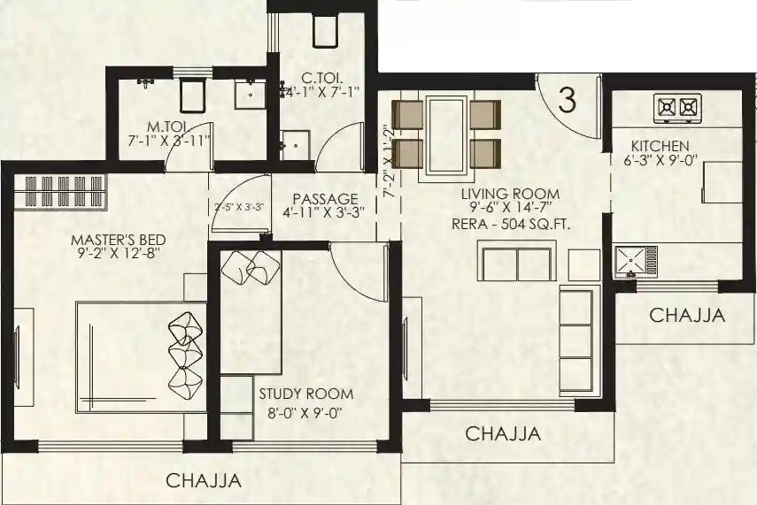 Floor plan of 1 BHK 504 Sq. Ft. Apartment in Vaibhav Eastern Groves, Mumbai