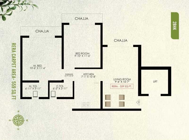 Floor plan of 2 BHK 559 Sq. Ft. Apartment in Vaibhav Eastern Groves, Mumbai