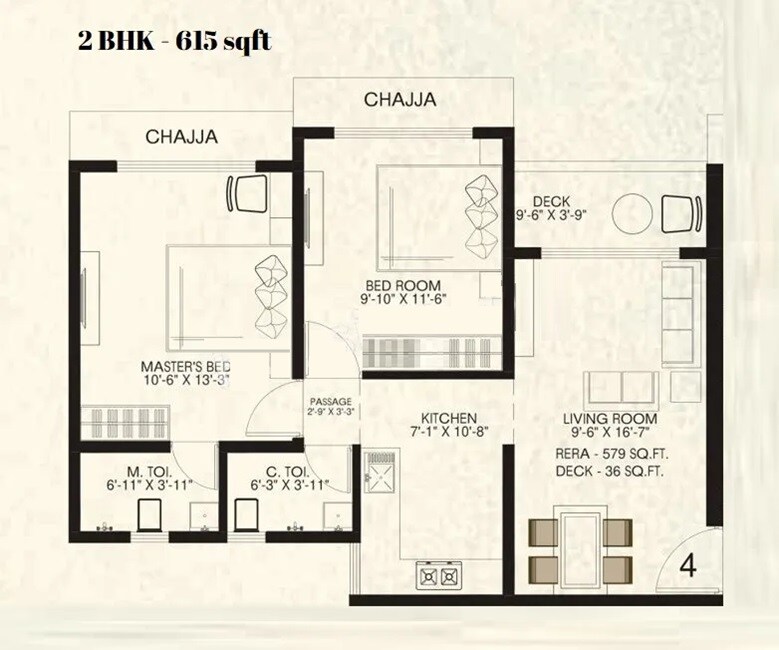 Floor plan of 2 BHK 615 Sq. Ft. Apartment in Vaibhav Eastern Groves, Mumbai