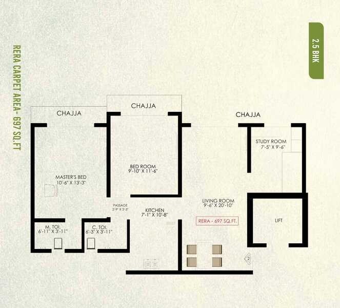 Floor plan of 3 BHK 697 Sq. Ft. Apartment in Vaibhav Eastern Groves, Mumbai