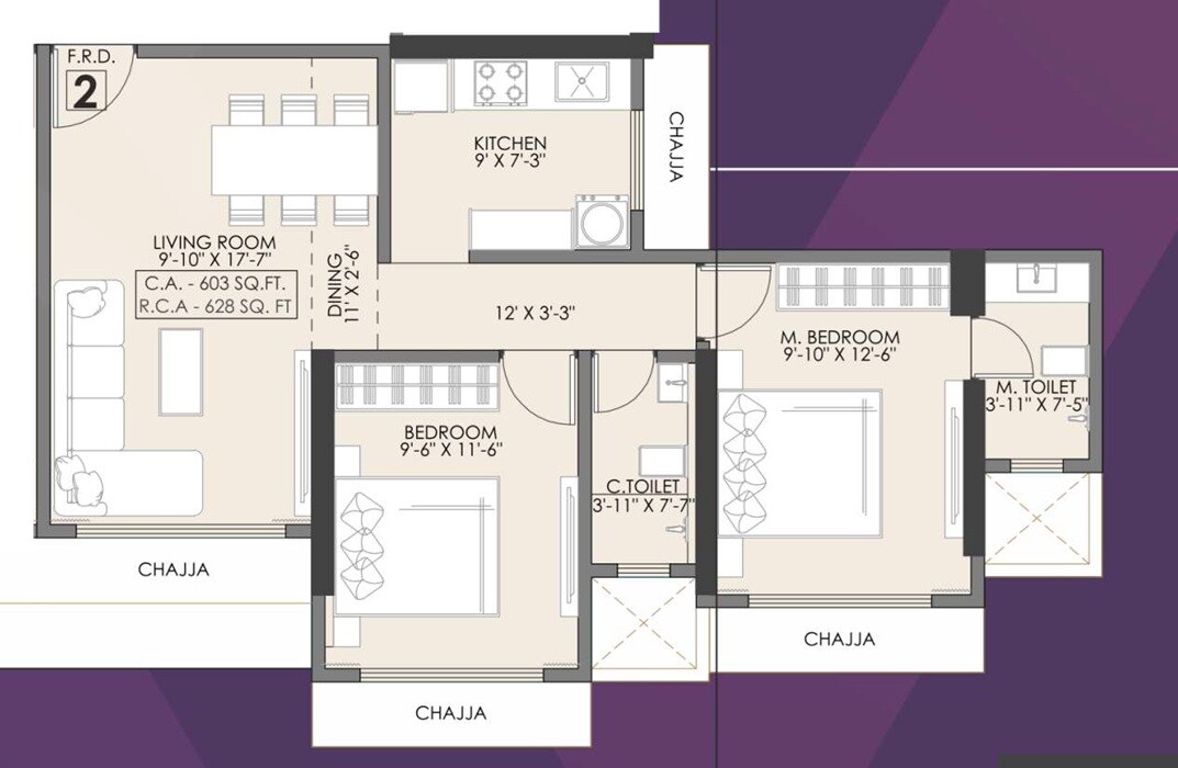 Floor plan of 2 BHK 628 Sq. Ft. Apartment in Vaibhav Vijaydeep, Mumbai