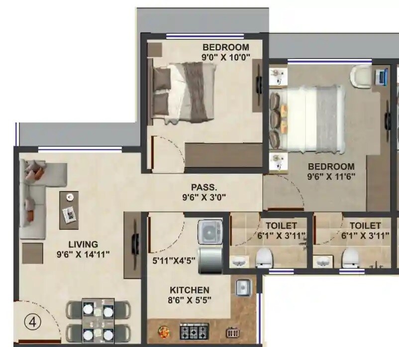 Floor plan of 2 BHK 481 Sq. Ft. Apartment in Vaibhav Wisteria Residency, Mumbai