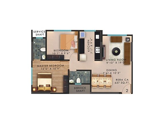 Floor plan of 2 BHK 637 Sq. Ft. Apartment in Vaibhavlaxmi Central Park, Mumbai