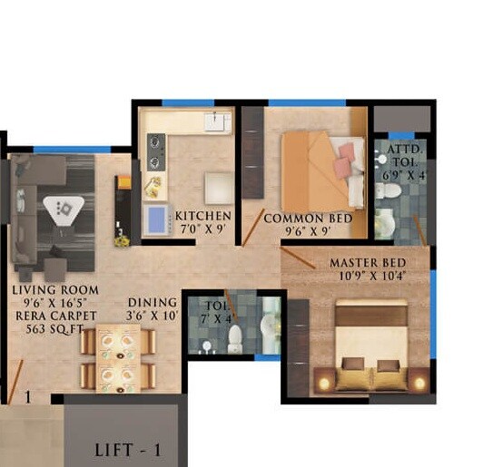 Floor plan of 2 BHK 563 Sq. Ft. Apartment in Vaibhavlaxmi Crown 83, Mumbai