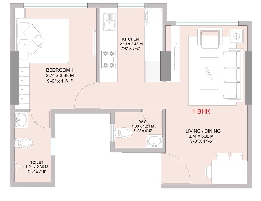 Floor plan of 1 BHK 401 Sq. Ft. Apartment in Vaibhavlaxmi Queens Avenue, Mumbai