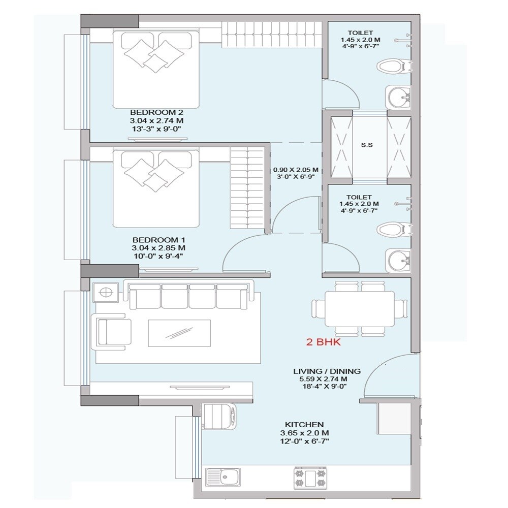 Floor plan of 2 BHK 574 Sq. Ft. Apartment in Vaibhavlaxmi Queens Avenue, Mumbai