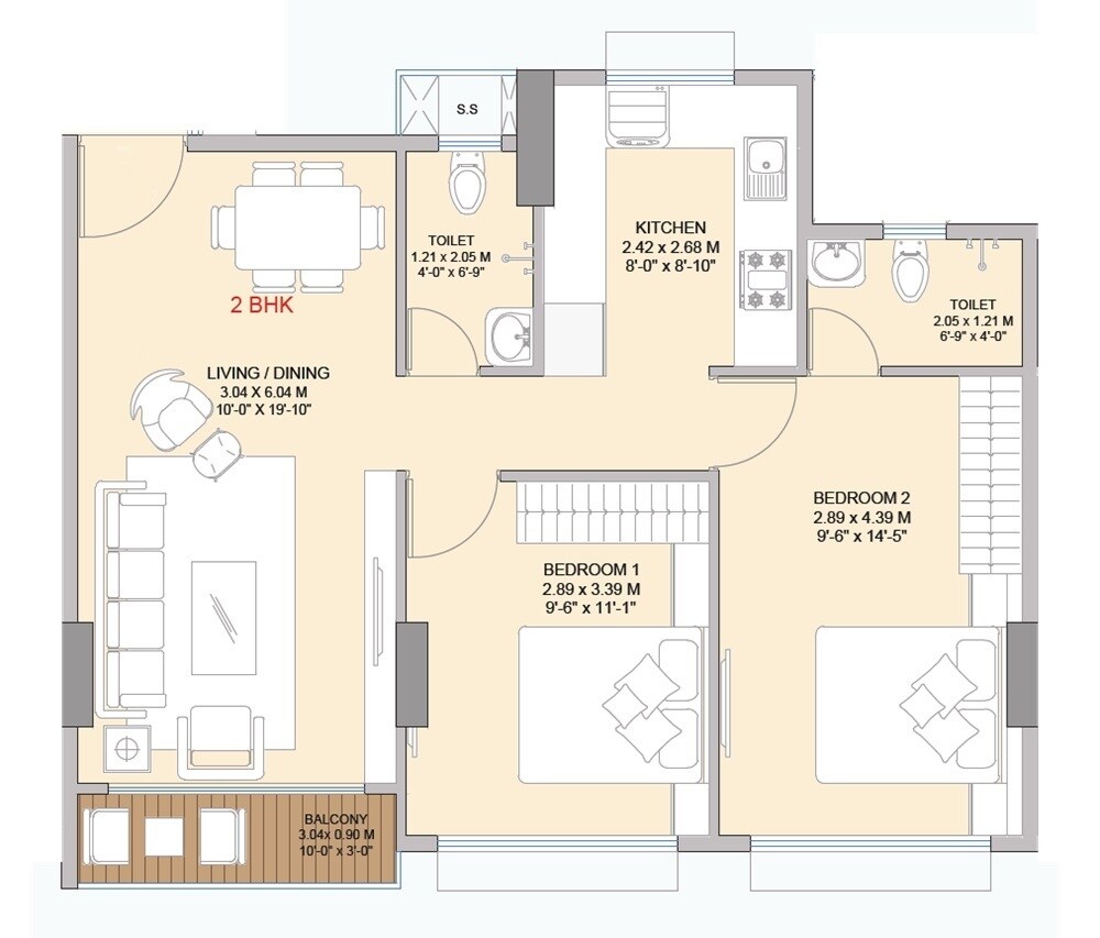 Floor plan of 2 BHK 659 Sq. Ft. Apartment in Vaibhavlaxmi Queens Avenue, Mumbai