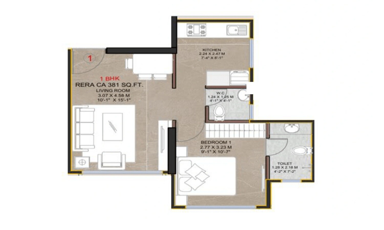 Floor plan of 1 BHK Apartment - 381 sq. ft. in Vaibhavlaxmi Queens Glory, Mumbai