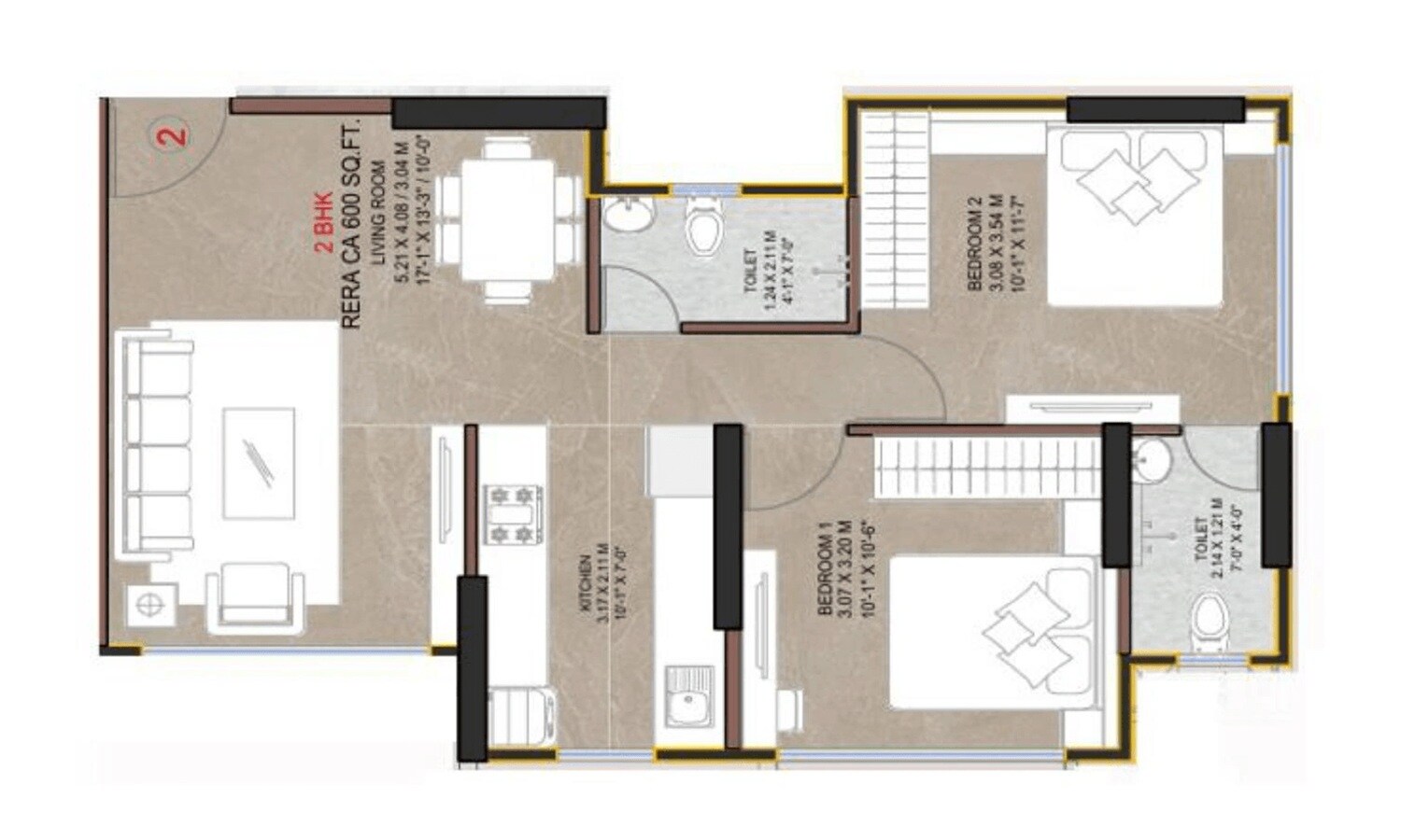 Floor plan of 2 BHK Apartment - 598 sq. ft. in Vaibhavlaxmi Queens Glory, Mumbai