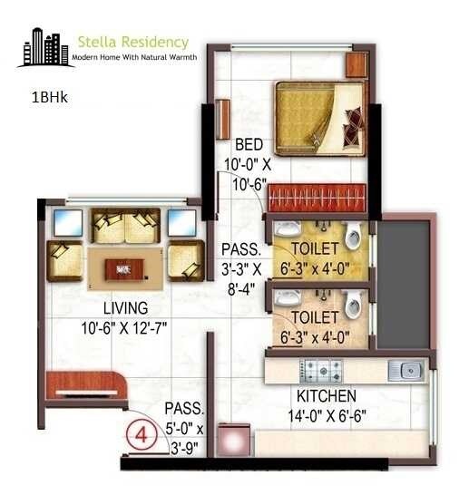 Floor plan of 1 BHK 520 Sq. Ft. Apartment in Vaibhavlaxmi Stella Residency, Mumbai
