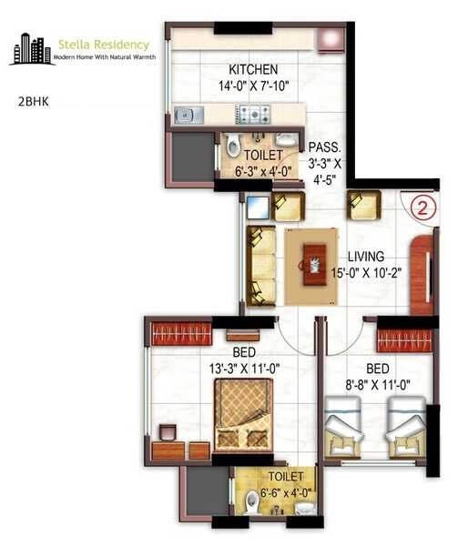Floor plan of 2 BHK 632 Sq. Ft. Apartment in Vaibhavlaxmi Stella Residency, Mumbai