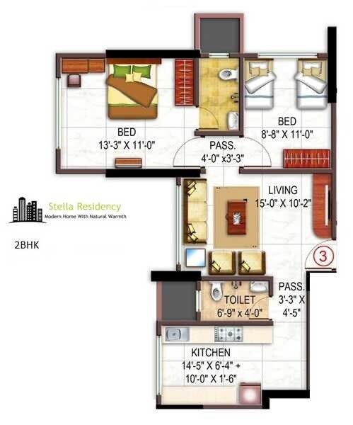 Floor plan of 2 BHK 632 Sq. Ft. Apartment in VaibhavLaxmi Stella Residency Mumbai, Mumbai