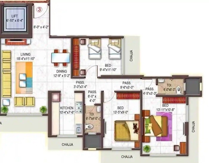 Floor plan of 3 BHK 915 Sq. Ft. Apartment in Vaibhavlaxmi Stella Sapphire, Mumbai