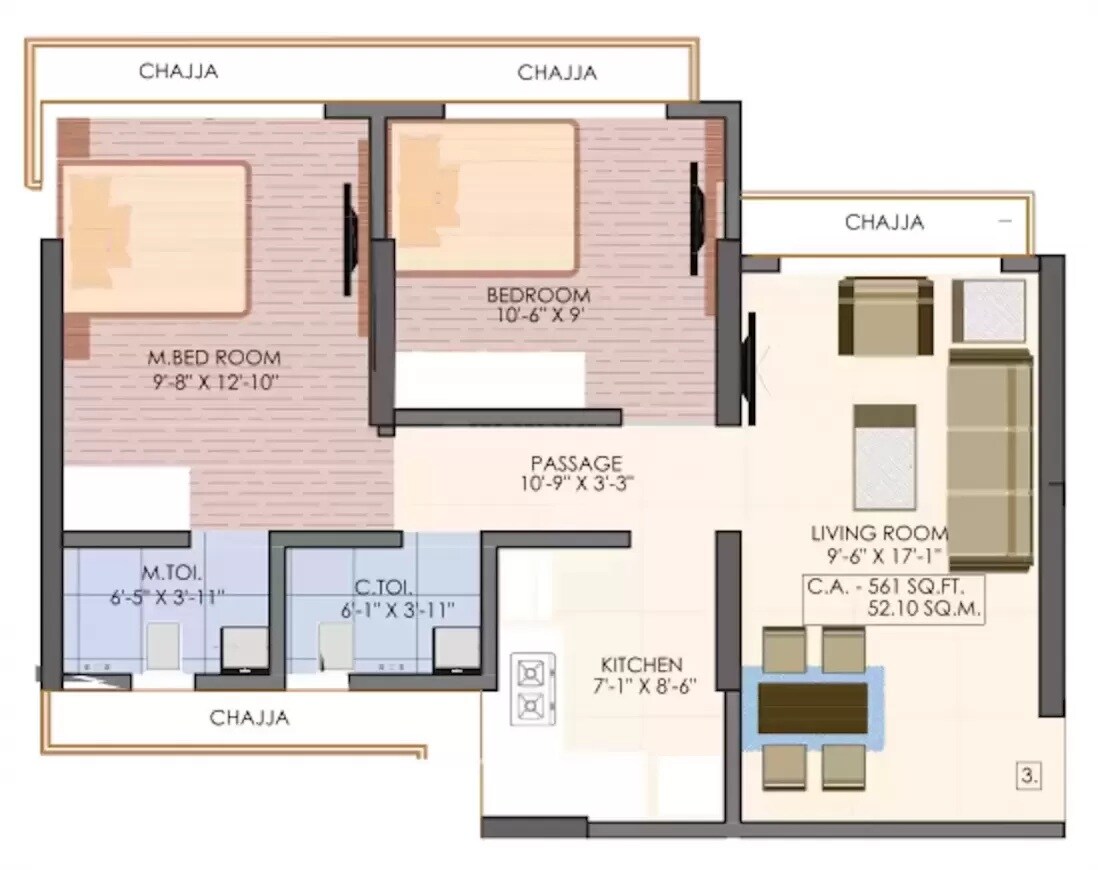 Floor plan of 2 BHK 561 Sq. Ft. Apartment in Vaibhavlaxmi Victoria 54, Mumbai