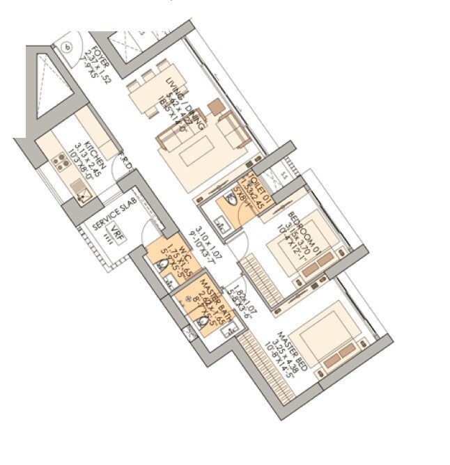 Floor plan of 2 BHK 868 Sq. Ft. Apartment in Valencia And Mishal One Marina, Mumbai