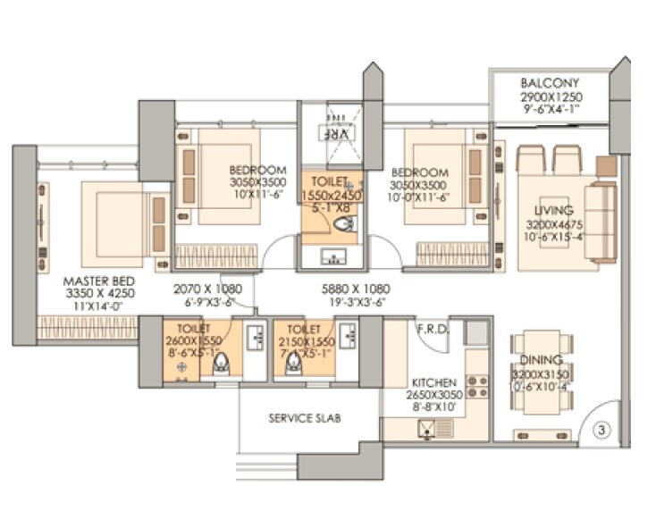 Floor plan of 3 BHK 1352 Sq. Ft. Apartment in Valencia And Mishal One Marina, Mumbai