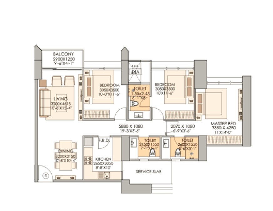 Floor plan of 3 BHK 1822 Sq. Ft. Apartment in Valencia And Mishal One Marina, Mumbai