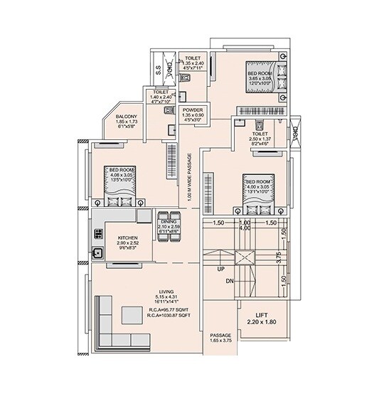 Floor plan of 3 BHK 1031 Sq. Ft. Apartment in Vama 176 West, Mumbai