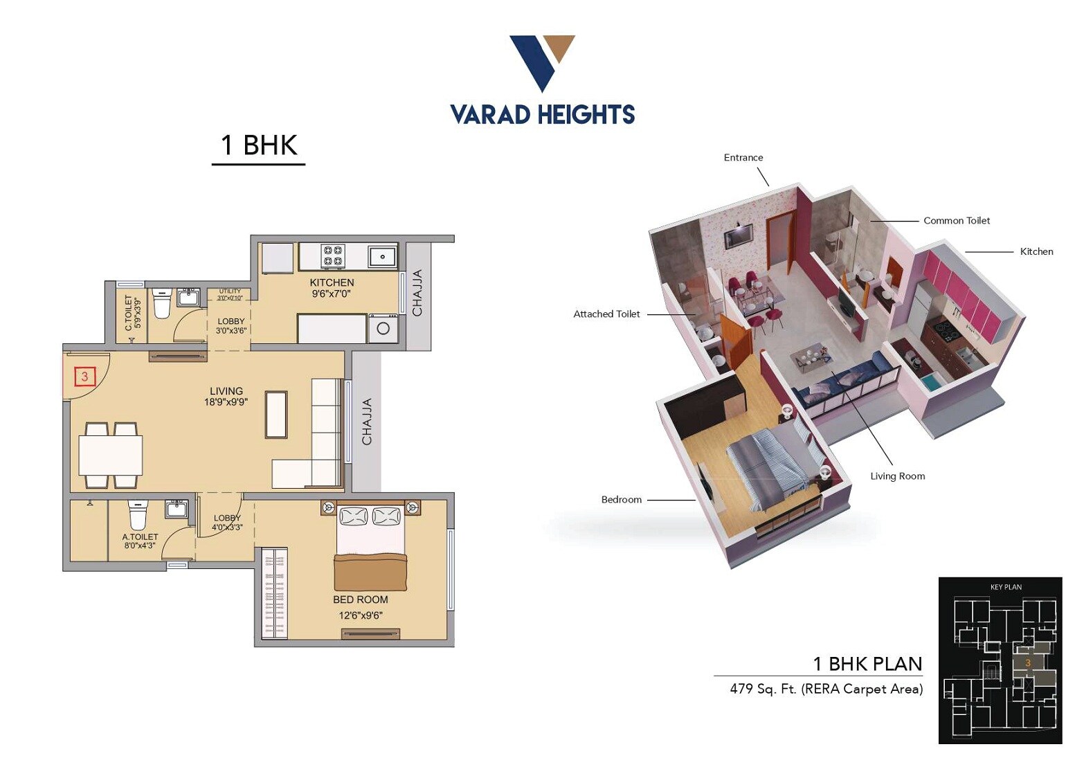 Floor plan of 1 BHK 479 Sq. Ft. Apartment in Varad Heights, Mumbai