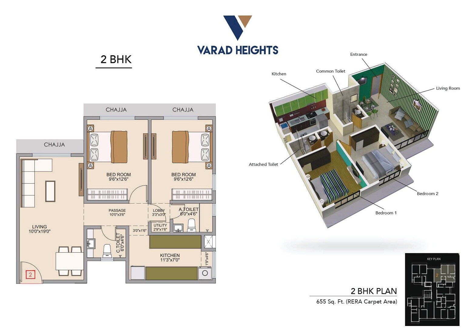 Floor plan of 2 BHK 655 Sq. Ft. Apartment in Varad Heights, Mumbai