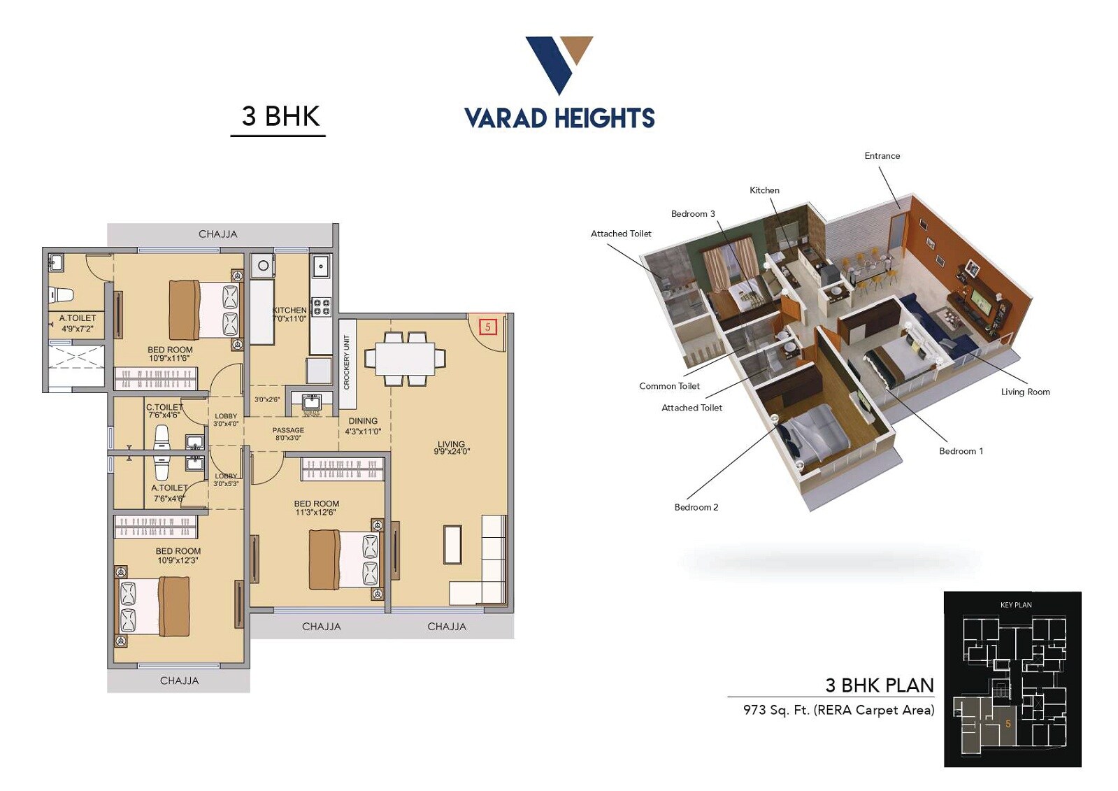 Floor plan of 3 BHK 973 Sq. Ft. Apartment in Varad Heights, Mumbai