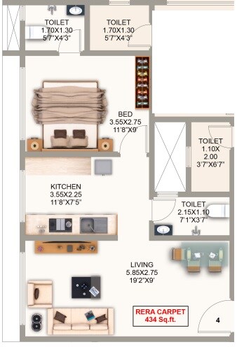 Floor plan of 1 BHK 434 Sq. Ft. Apartment in Varad Yog, Mumbai