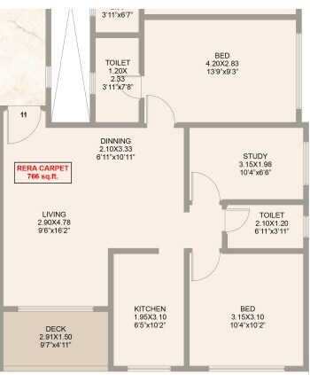 Floor plan of 2 BHK 766 Sq. Ft. Apartment in Varad Yog, Mumbai
